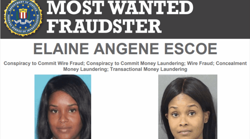 Cartaz do FBI Most Wanted Fraudsters com foto de Elaine Angene Escoe