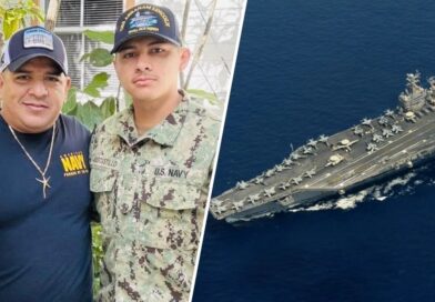 Luis Manuel Aviles e filho Joshua Aviles a bordo do USS Abraham Lincoln