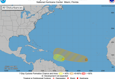 Mapa do NHC mostra áreas de perturbação tropical no Atlântico com chance de formação em 7 dias