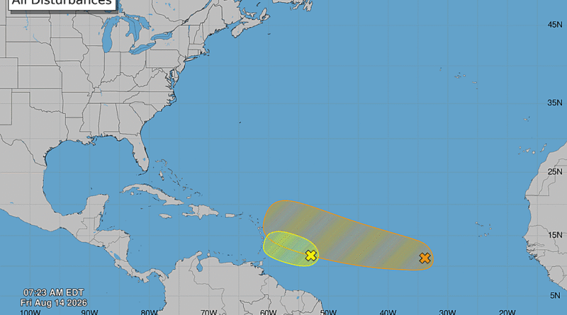 Mapa do NHC mostra áreas de perturbação tropical no Atlântico com chance de formação em 7 dias
