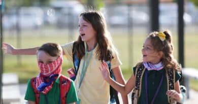 Criancas com mochilas caminham para a escola na Florida no primeiro dia de aula