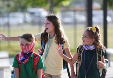 Criancas com mochilas caminham para a escola na Florida no primeiro dia de aula