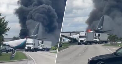Aviao de carga da Amazon emite fumaca apos acidente em Miami