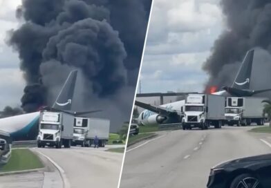 Aviao de carga da Amazon emite fumaca apos acidente em Miami