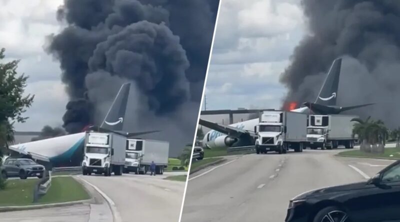 Aviao de carga da Amazon emite fumaca apos acidente em Miami