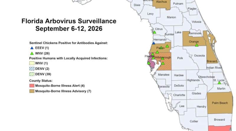 Mapa de vigilância de arbovírus da Flórida mostrando casos de dengue por condado em setembro de 2026