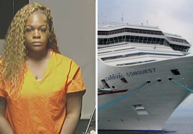 Nathalie Belizaire em uniforme prisional e navio Carnival Conquest no porto de Miami