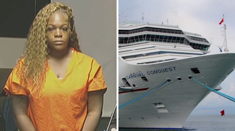 Nathalie Belizaire em uniforme prisional e navio Carnival Conquest no porto de Miami