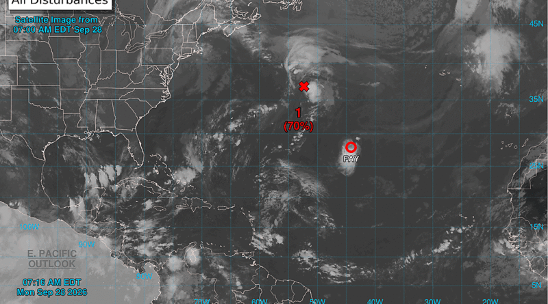 Mapa do NHC mostra perspectiva de clima tropical no Atlântico para 2 dias