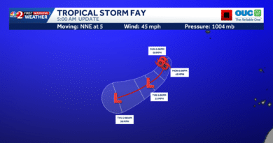 Mapa de trajetória da Tempestade Tropical Fay no Atlântico Oriental