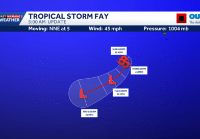 Mapa de trajetória da Tempestade Tropical Fay no Atlântico Oriental