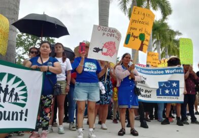 Rally de direitos dos imigrantes na Flórida com cartazes pedindo proteção